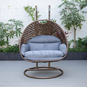 Charcoal cushion and dark brown wicker hanging 2 person egg swing chair additional photo 4 of 9