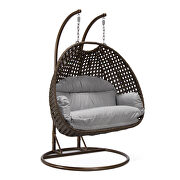 Light gray cushion and dark brown wicker hanging 2 person egg swing chair by Leisure Mod additional picture 2