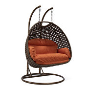 Orange cushion and dark brown wicker hanging 2 person egg swing chair by Leisure Mod additional picture 2
