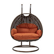 Orange cushion and dark brown wicker hanging 2 person egg swing chair by Leisure Mod additional picture 3