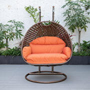 Orange cushion and dark brown wicker hanging 2 person egg swing chair by Leisure Mod additional picture 4