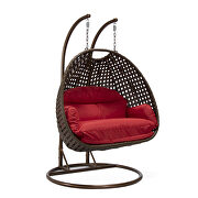 Red cushion and dark brown wicker hanging 2 person egg swing chair by Leisure Mod additional picture 2