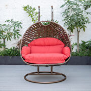 Red cushion and dark brown wicker hanging 2 person egg swing chair by Leisure Mod additional picture 4