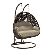 Taupe cushion and dark brown wicker hanging 2 person egg swing chair by Leisure Mod additional picture 2