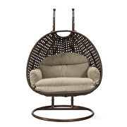 Taupe cushion and dark brown wicker hanging 2 person egg swing chair by Leisure Mod additional picture 3