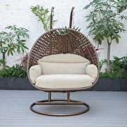 Taupe cushion and dark brown wicker hanging 2 person egg swing chair by Leisure Mod additional picture 4