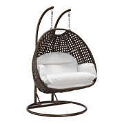 White cushion and dark brown wicker hanging 2 person egg swing chair by Leisure Mod additional picture 2