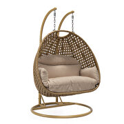 Beige cushion and light brown wicker hanging 2 person egg swing chair by Leisure Mod additional picture 2