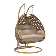 Beige cushion and light brown wicker hanging 2 person egg swing chair additional photo 2 of 9