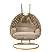 Beige cushion and light brown wicker hanging 2 person egg swing chair by Leisure Mod additional picture 3