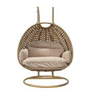 Beige cushion and light brown wicker hanging 2 person egg swing chair additional photo 3 of 9