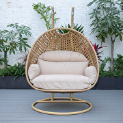 Beige cushion and light brown wicker hanging 2 person egg swing chair by Leisure Mod additional picture 4