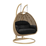 Black cushion and light brown wicker hanging 2 person egg swing chair by Leisure Mod additional picture 2