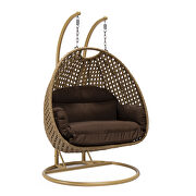 Brown cushion and light brown wicker hanging 2 person egg swing chair by Leisure Mod additional picture 2