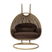 Brown cushion and light brown wicker hanging 2 person egg swing chair by Leisure Mod additional picture 3