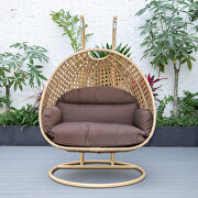 Brown cushion and light brown wicker hanging 2 person egg swing chair by Leisure Mod additional picture 4