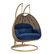 Blue cushion and light brown wicker hanging 2 person egg swing chair by Leisure Mod additional picture 2