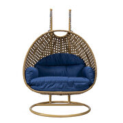 Blue cushion and light brown wicker hanging 2 person egg swing chair by Leisure Mod additional picture 3