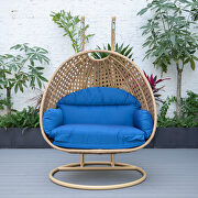 Blue cushion and light brown wicker hanging 2 person egg swing chair by Leisure Mod additional picture 4