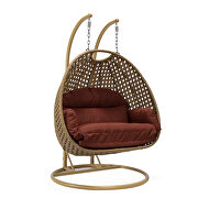 Cherry cushion and light brown wicker hanging 2 person egg swing chair by Leisure Mod additional picture 2