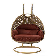 Cherry cushion and light brown wicker hanging 2 person egg swing chair by Leisure Mod additional picture 3