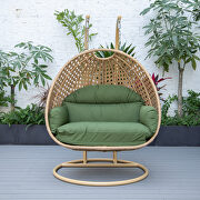 Dark green cushion and light brown wicker hanging 2 person egg swing chair by Leisure Mod additional picture 4
