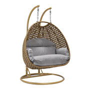Light gray cushion and light brown wicker hanging 2 person egg swing chair by Leisure Mod additional picture 2