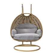 Light gray cushion and light brown wicker hanging 2 person egg swing chair by Leisure Mod additional picture 3