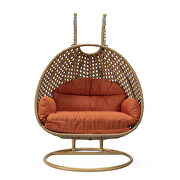 Orange cushion and light brown wicker hanging 2 person egg swing chair by Leisure Mod additional picture 3