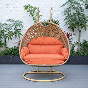 Orange cushion and light brown wicker hanging 2 person egg swing chair by Leisure Mod additional picture 4