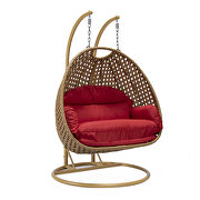 Red cushion and light brown wicker hanging 2 person egg swing chair by Leisure Mod additional picture 2