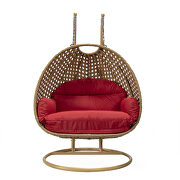 Red cushion and light brown wicker hanging 2 person egg swing chair by Leisure Mod additional picture 3