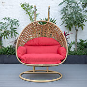 Red cushion and light brown wicker hanging 2 person egg swing chair by Leisure Mod additional picture 4
