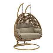 Taupe cushion and light brown wicker hanging 2 person egg swing chair by Leisure Mod additional picture 2