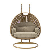 Taupe cushion and light brown wicker hanging 2 person egg swing chair by Leisure Mod additional picture 3