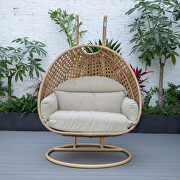 Taupe cushion and light brown wicker hanging 2 person egg swing chair by Leisure Mod additional picture 4