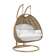 White cushion and light brown wicker hanging 2 person egg swing chair by Leisure Mod additional picture 2