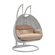 Beige cushion and light gray wicker hanging 2 person egg swing chair by Leisure Mod additional picture 2