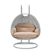 Beige cushion and light gray wicker hanging 2 person egg swing chair by Leisure Mod additional picture 3