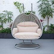 Beige cushion and light gray wicker hanging 2 person egg swing chair by Leisure Mod additional picture 4