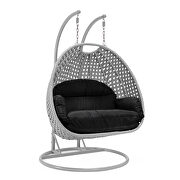 Black cushion and light gray wicker hanging 2 person egg swing chair by Leisure Mod additional picture 2
