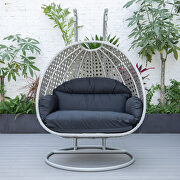 Black cushion and light gray wicker hanging 2 person egg swing chair by Leisure Mod additional picture 4
