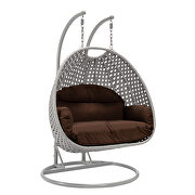 Brown cushion and light gray wicker hanging 2 person egg swing chair by Leisure Mod additional picture 2