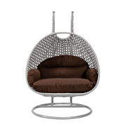 Brown cushion and light gray wicker hanging 2 person egg swing chair by Leisure Mod additional picture 3