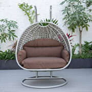 Brown cushion and light gray wicker hanging 2 person egg swing chair by Leisure Mod additional picture 4