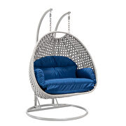 Blue cushion and light gray wicker hanging 2 person egg swing chair by Leisure Mod additional picture 2