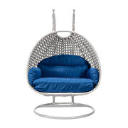 Blue cushion and light gray wicker hanging 2 person egg swing chair by Leisure Mod additional picture 3