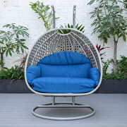 Blue cushion and light gray wicker hanging 2 person egg swing chair by Leisure Mod additional picture 4