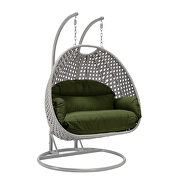 Dark green cushion and light gray wicker hanging 2 person egg swing chair additional photo 2 of 9