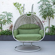 Dark green cushion and light gray wicker hanging 2 person egg swing chair additional photo 4 of 9